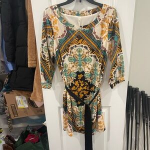 Andree Long Sleeve Boho Medallion Dress in Cream, Teal & Mustard